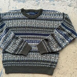 Vintage Basic Editions Mens Fair Isle Crewneck Sweater Olive Green Navy Blue L